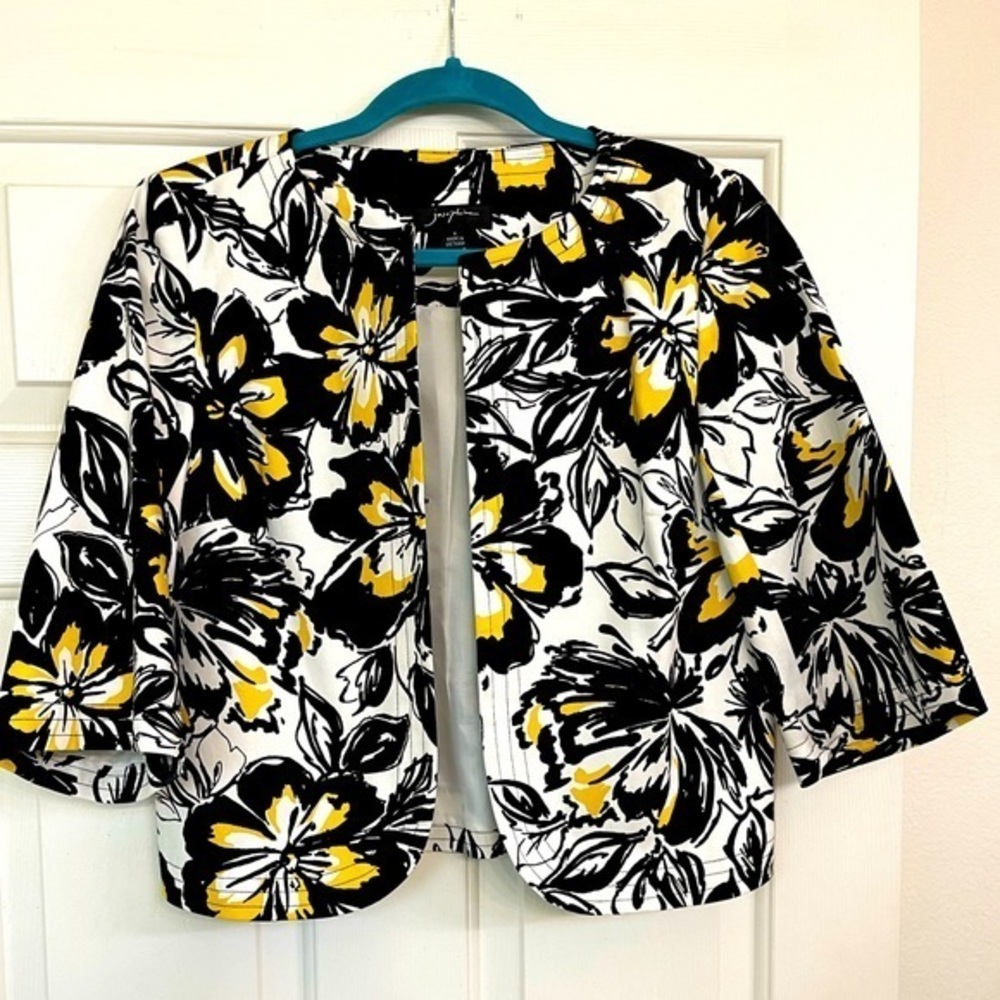 Josephine Black White Yellow Floral Jacket 3/4 Sleeve Size 4